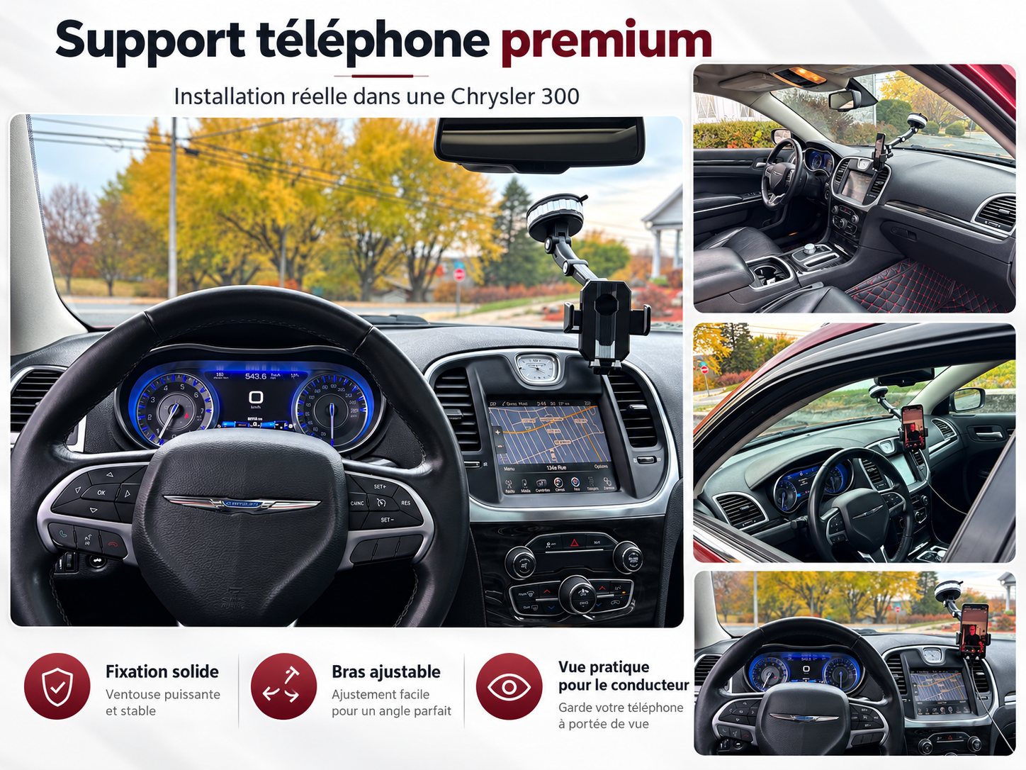 Véritable support de téléphone installé dans une Chrysler 300